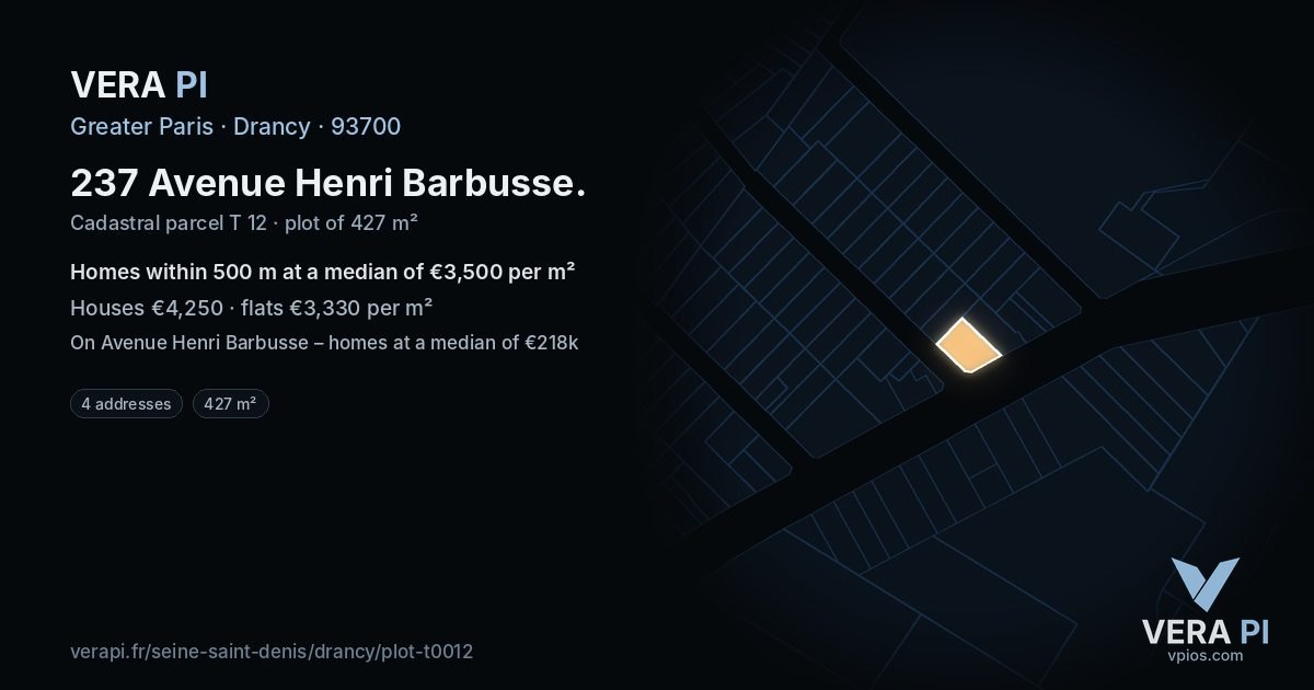 237 Avenue Henri Barbusse, Drancy at night – the plot lit, the parcels around coloured by the prices near them