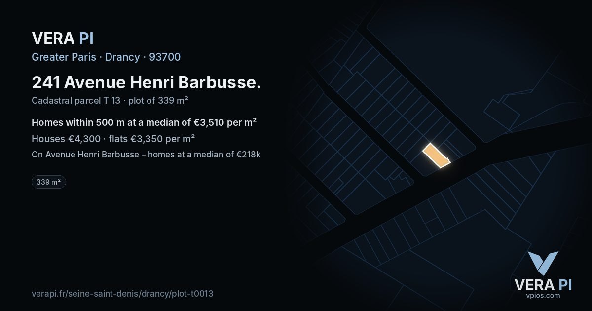 241 Avenue Henri Barbusse, Drancy at night – the plot lit, the parcels around coloured by the prices near them