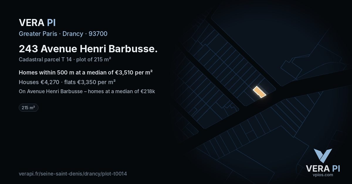 243 Avenue Henri Barbusse, Drancy at night – the plot lit, the parcels around coloured by the prices near them