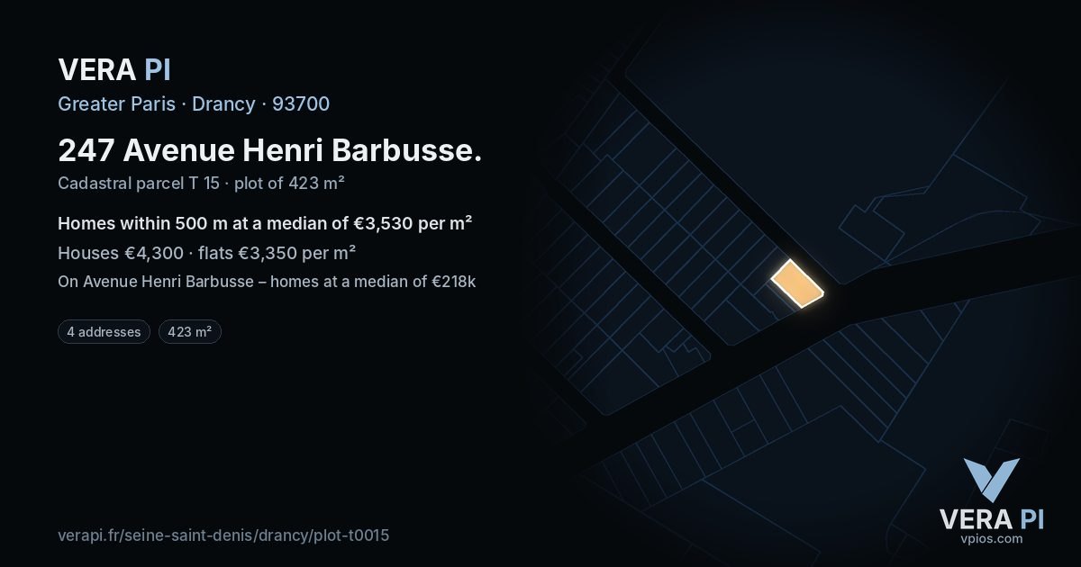 247 Avenue Henri Barbusse, Drancy at night – the plot lit, the parcels around coloured by the prices near them