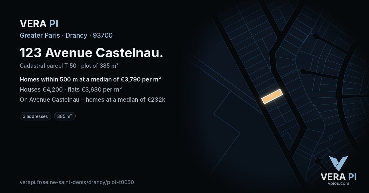 123 Avenue Castelnau, Drancy at night – the plot lit, the parcels around coloured by the prices near them