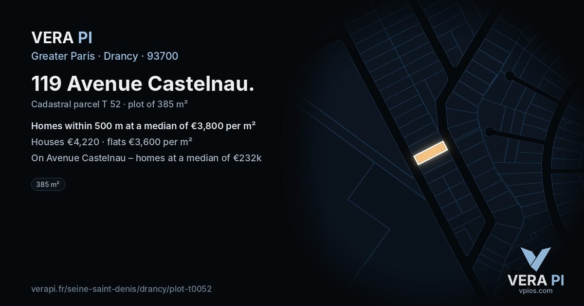 119 Avenue Castelnau, Drancy at night – the plot lit, the parcels around coloured by the prices near them