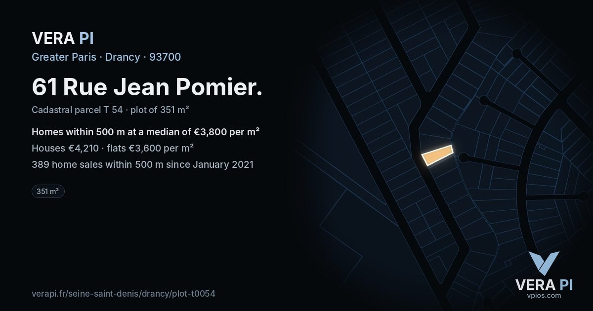 61 Rue Jean Pomier, Drancy at night – the plot lit, the parcels around coloured by the prices near them