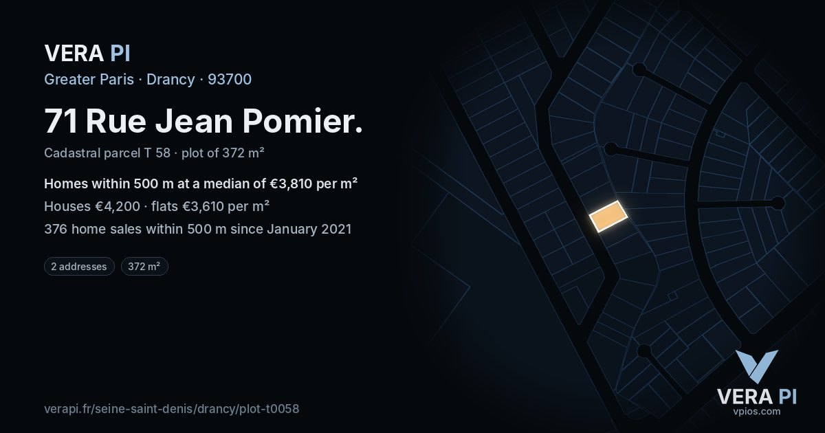 71 Rue Jean Pomier, Drancy at night – the plot lit, the parcels around coloured by the prices near them