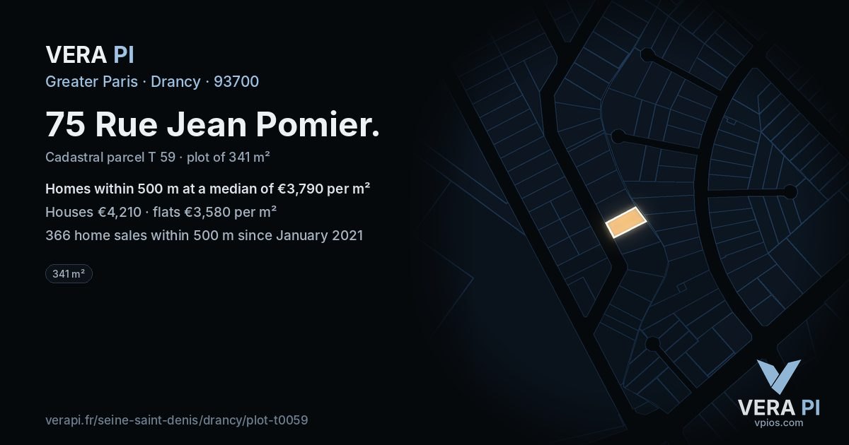 75 Rue Jean Pomier, Drancy at night – the plot lit, the parcels around coloured by the prices near them