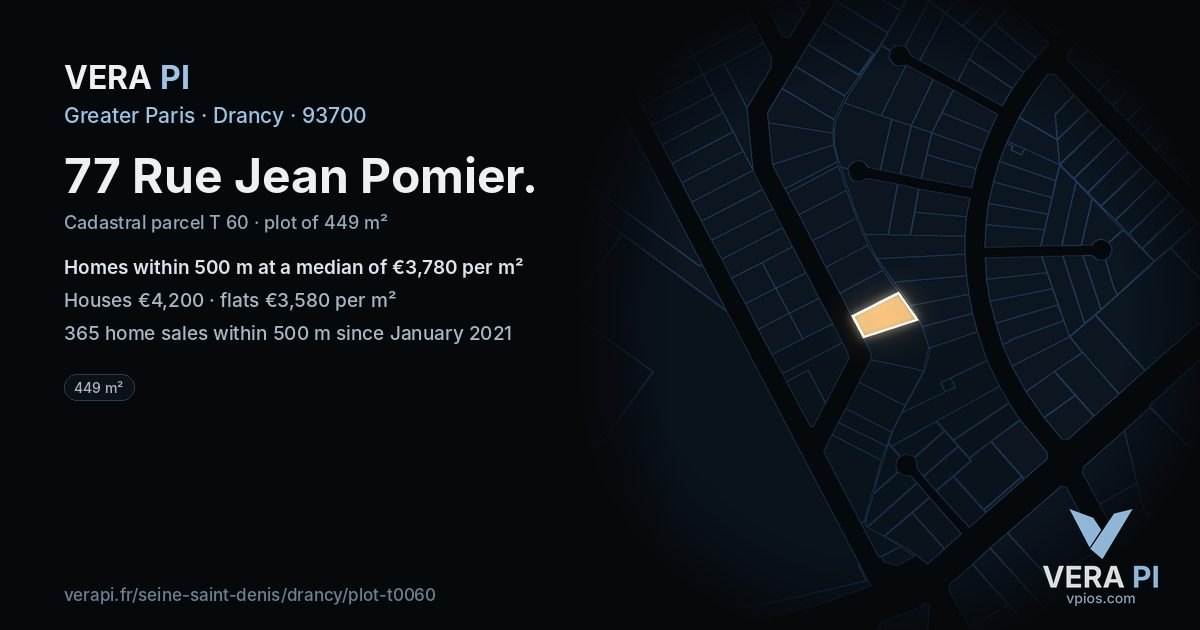 77 Rue Jean Pomier, Drancy at night – the plot lit, the parcels around coloured by the prices near them