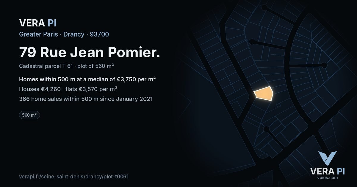 79 Rue Jean Pomier, Drancy at night – the plot lit, the parcels around coloured by the prices near them