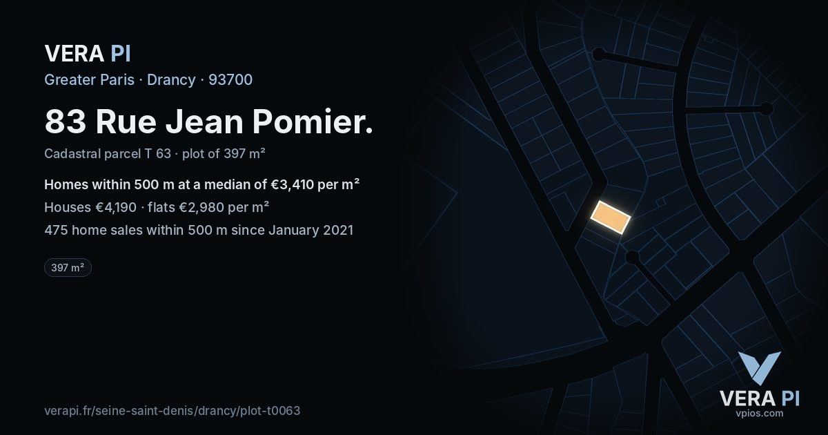 83 Rue Jean Pomier, Drancy at night – the plot lit, the parcels around coloured by the prices near them