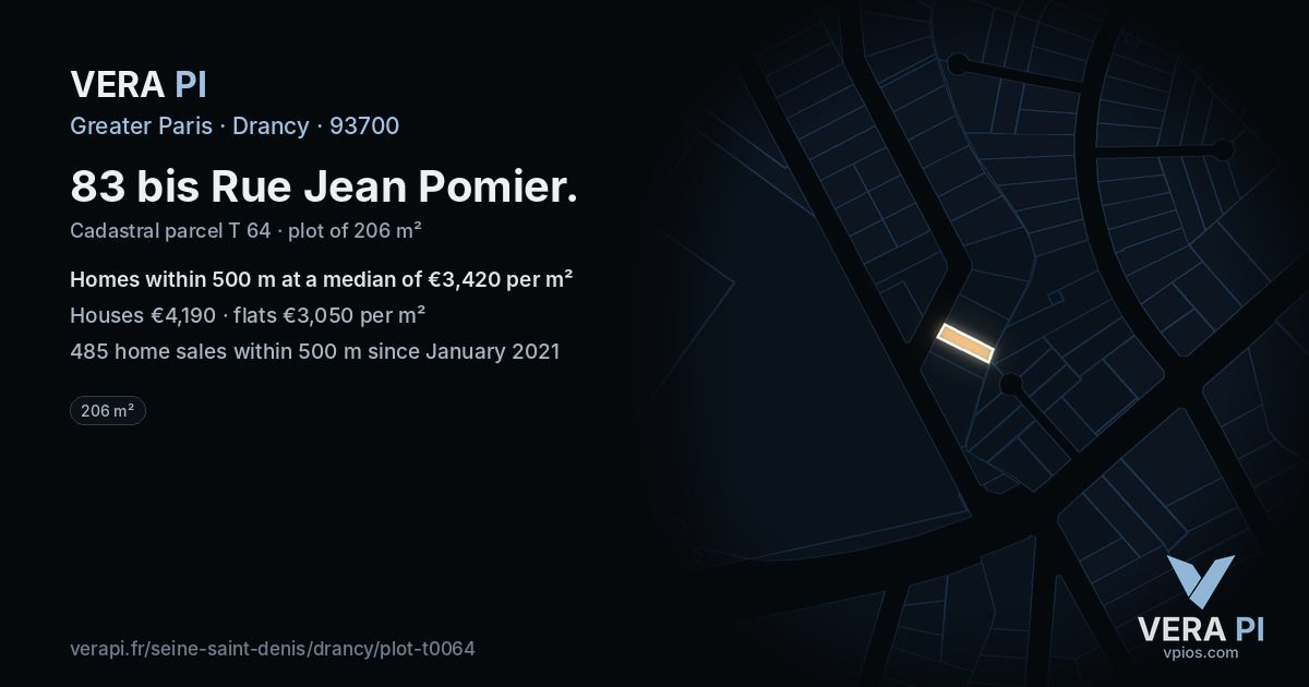 83 bis Rue Jean Pomier, Drancy at night – the plot lit, the parcels around coloured by the prices near them
