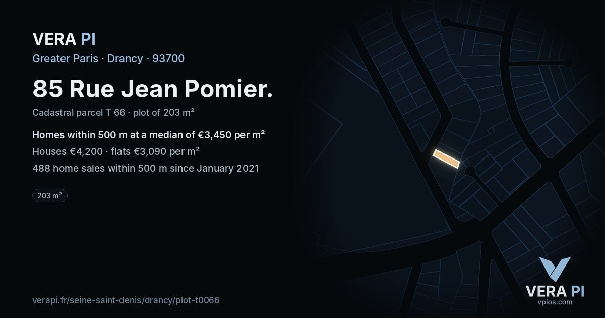 85 Rue Jean Pomier, Drancy at night – the plot lit, the parcels around coloured by the prices near them