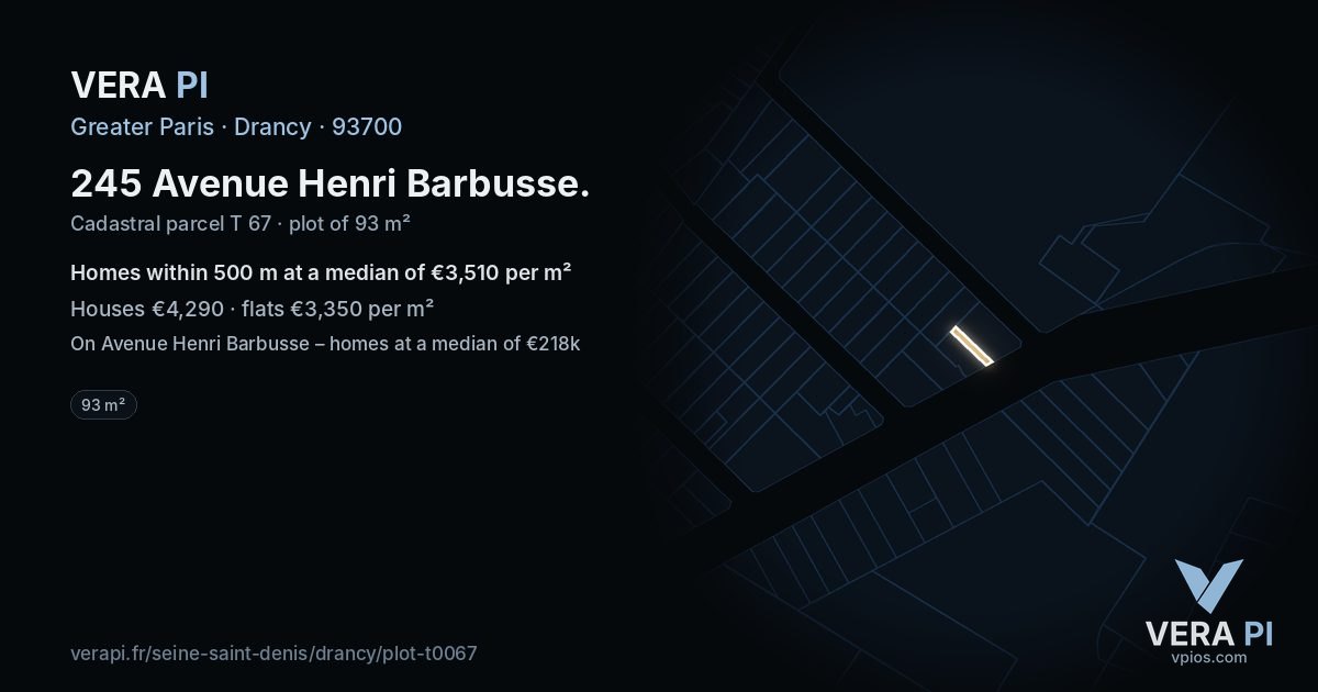 245 Avenue Henri Barbusse, Drancy at night – the plot lit, the parcels around coloured by the prices near them
