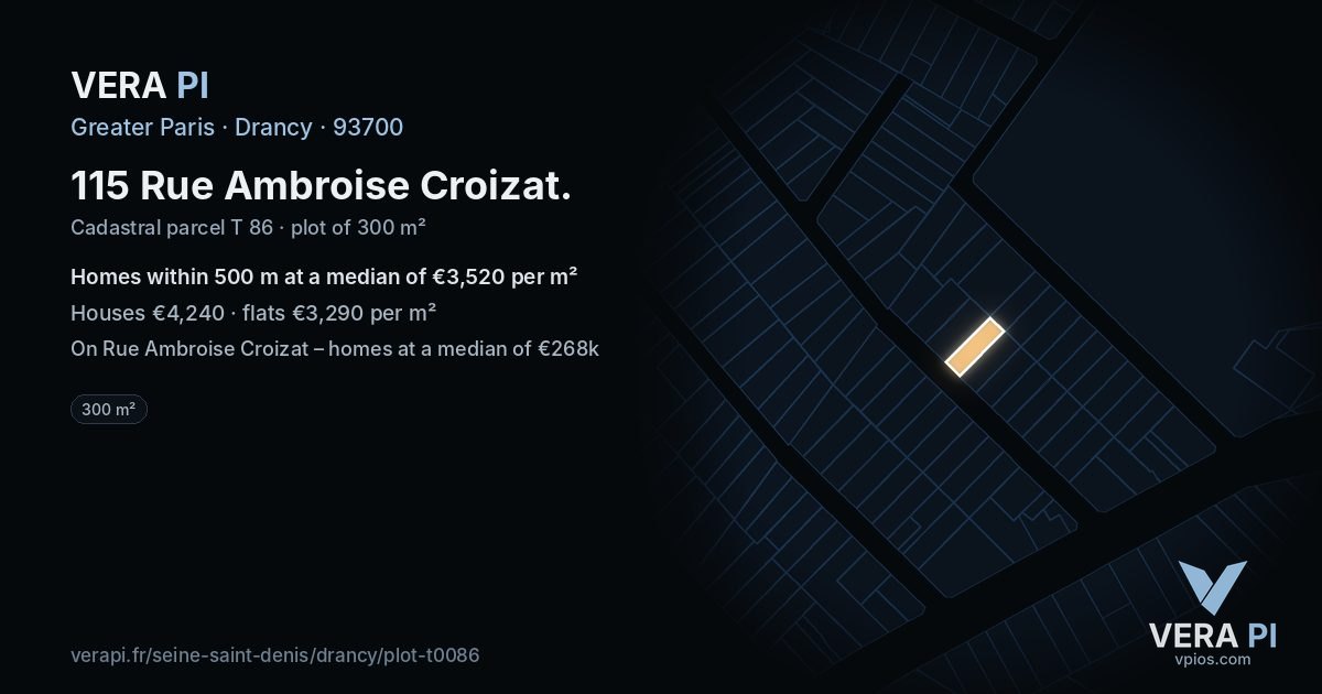 115 Rue Ambroise Croizat, Drancy at night – the plot lit, the parcels around coloured by the prices near them