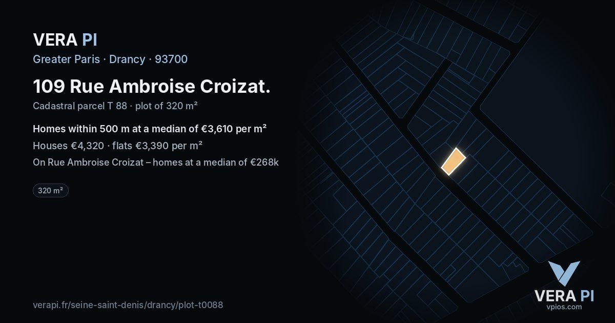 109 Rue Ambroise Croizat, Drancy at night – the plot lit, the parcels around coloured by the prices near them