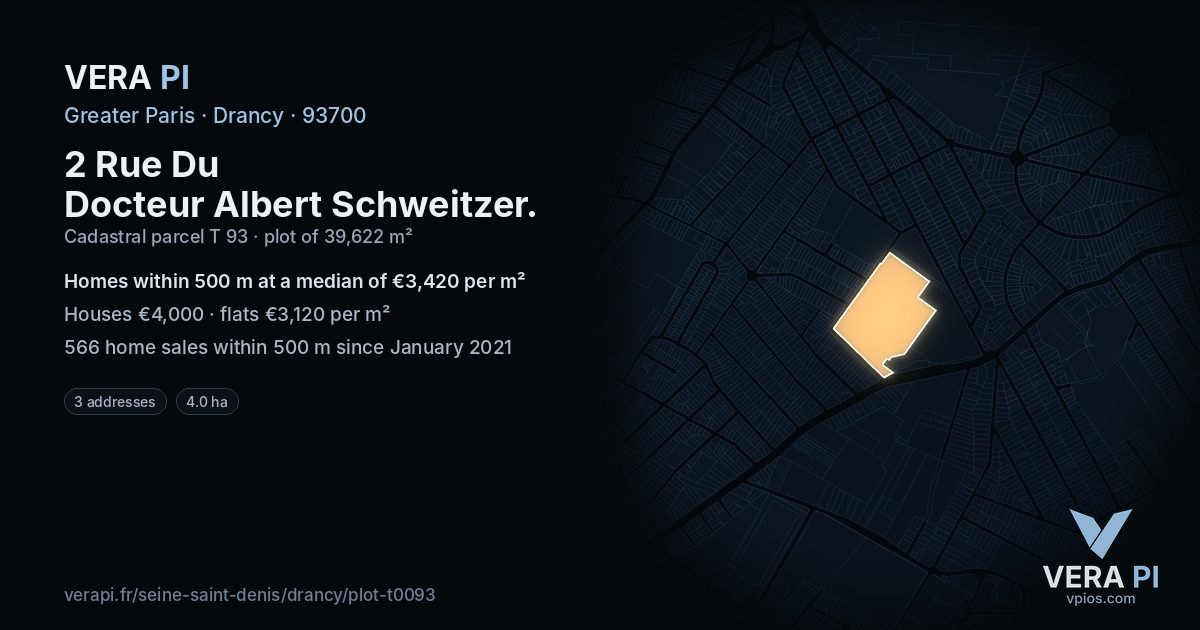2 Rue Du Docteur Albert Schweitzer, Drancy at night – the plot lit, the parcels around coloured by the prices near them