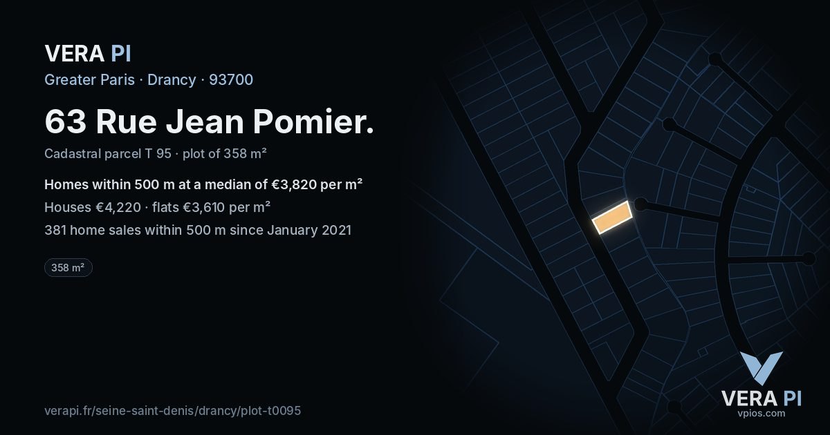 63 Rue Jean Pomier, Drancy at night – the plot lit, the parcels around coloured by the prices near them