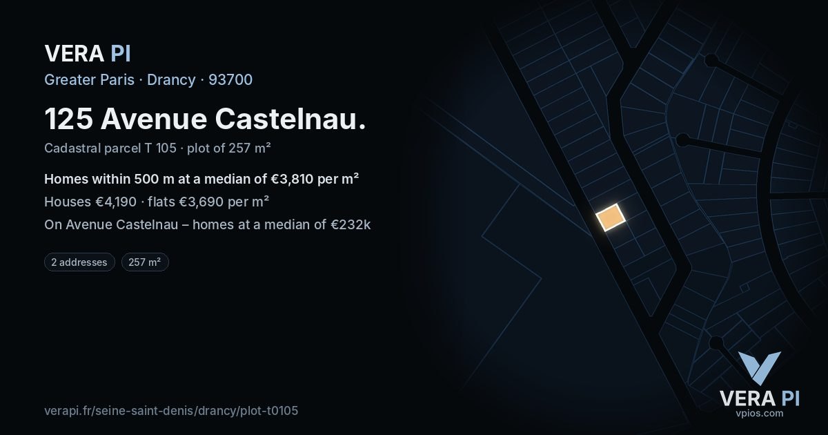 125 Avenue Castelnau, Drancy at night – the plot lit, the parcels around coloured by the prices near them