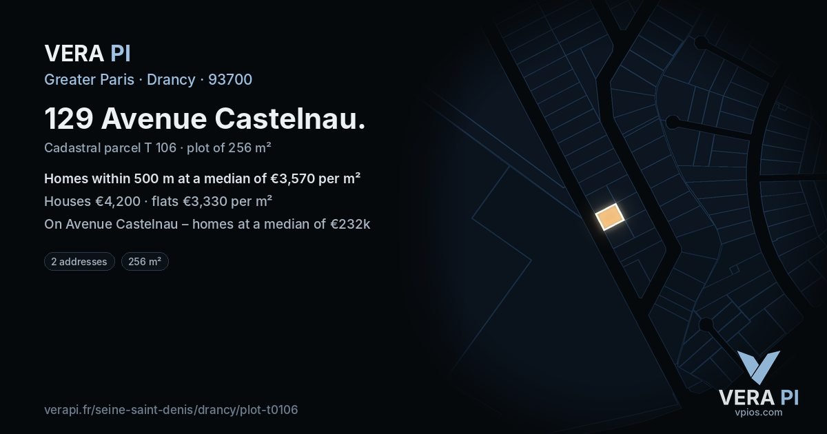 129 Avenue Castelnau, Drancy at night – the plot lit, the parcels around coloured by the prices near them