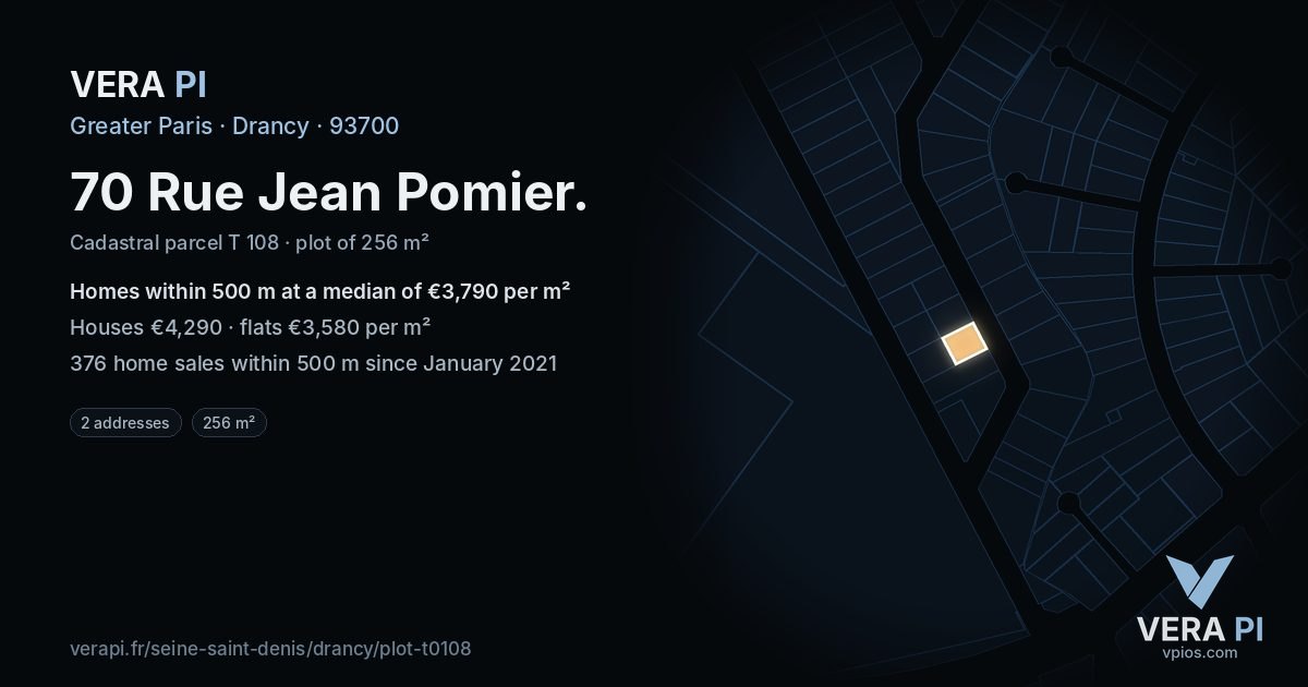 70 Rue Jean Pomier, Drancy at night – the plot lit, the parcels around coloured by the prices near them