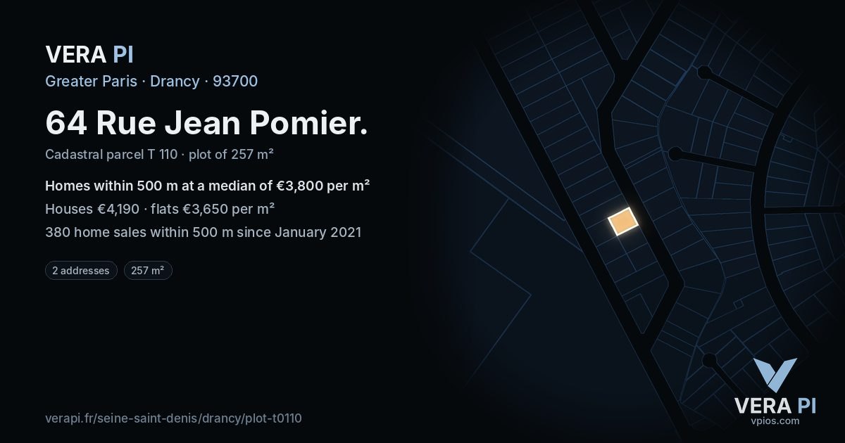 64 Rue Jean Pomier, Drancy at night – the plot lit, the parcels around coloured by the prices near them