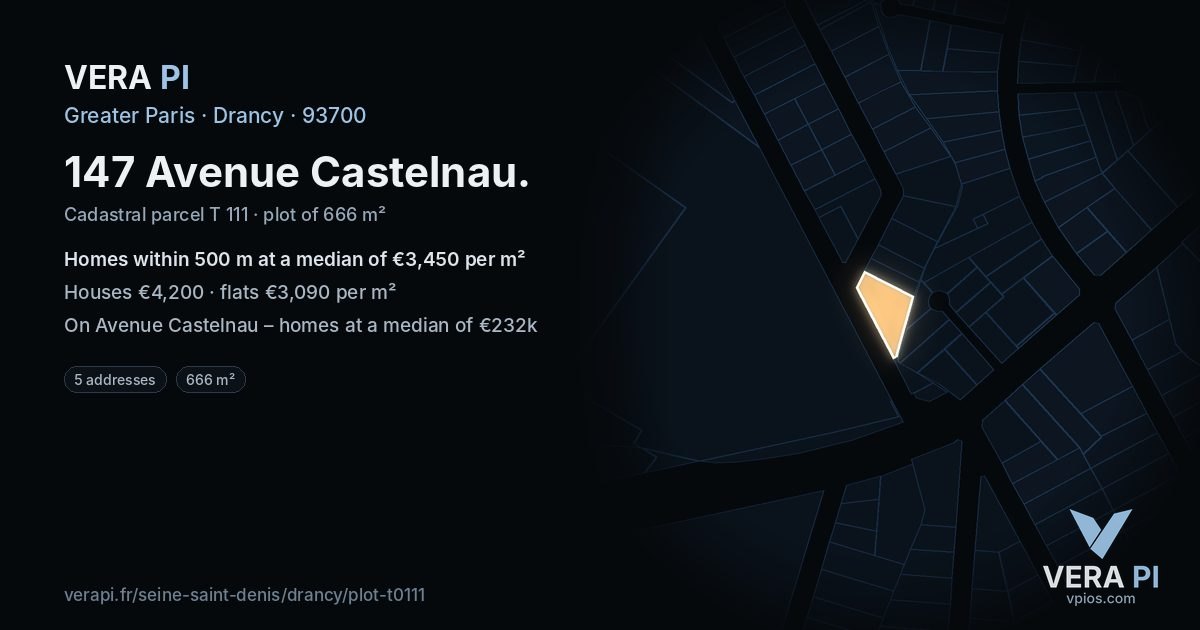 147 Avenue Castelnau, Drancy at night – the plot lit, the parcels around coloured by the prices near them