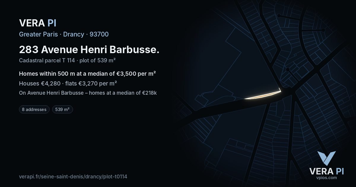 283 Avenue Henri Barbusse, Drancy at night – the plot lit, the parcels around coloured by the prices near them