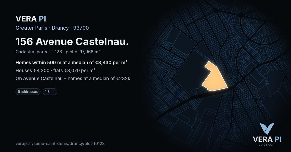 156 Avenue Castelnau, Drancy at night – the plot lit, the parcels around coloured by the prices near them