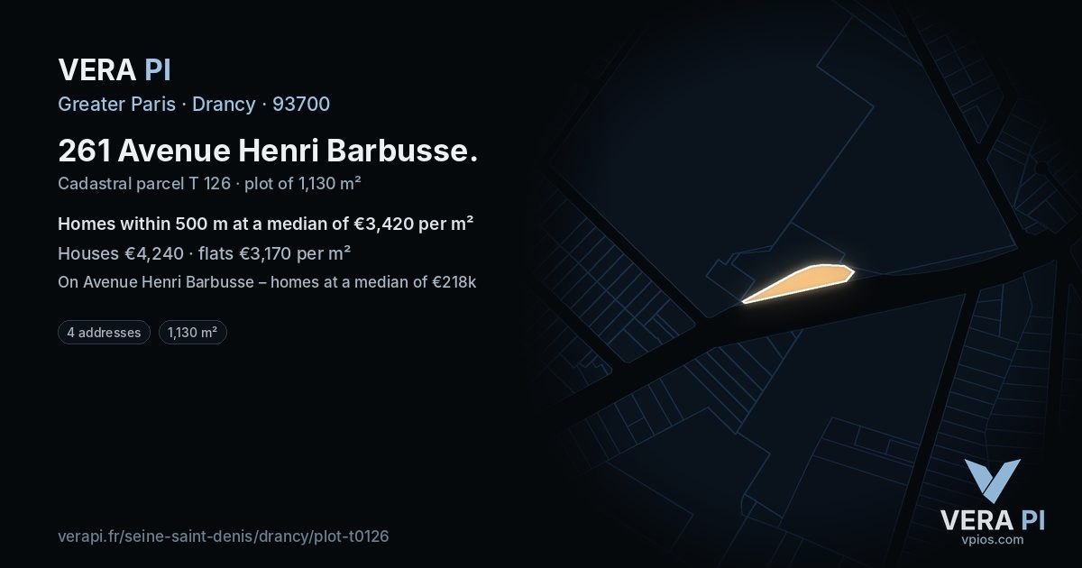 261 Avenue Henri Barbusse, Drancy at night – the plot lit, the parcels around coloured by the prices near them