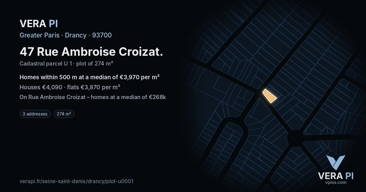 47 Rue Ambroise Croizat, Drancy at night – the plot lit, the parcels around coloured by the prices near them