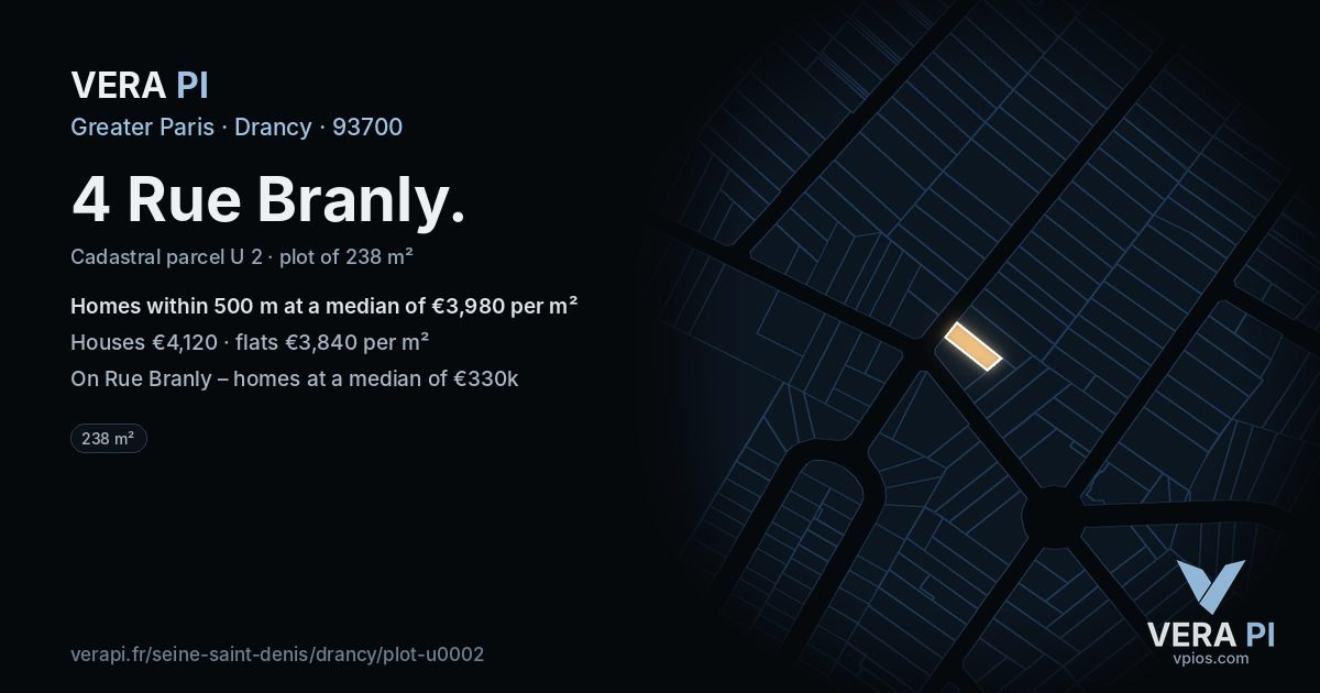 4 Rue Branly, Drancy at night – the plot lit, the parcels around coloured by the prices near them