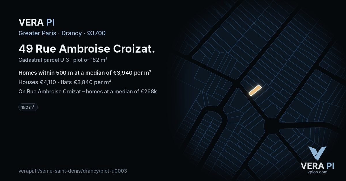 49 Rue Ambroise Croizat, Drancy at night – the plot lit, the parcels around coloured by the prices near them