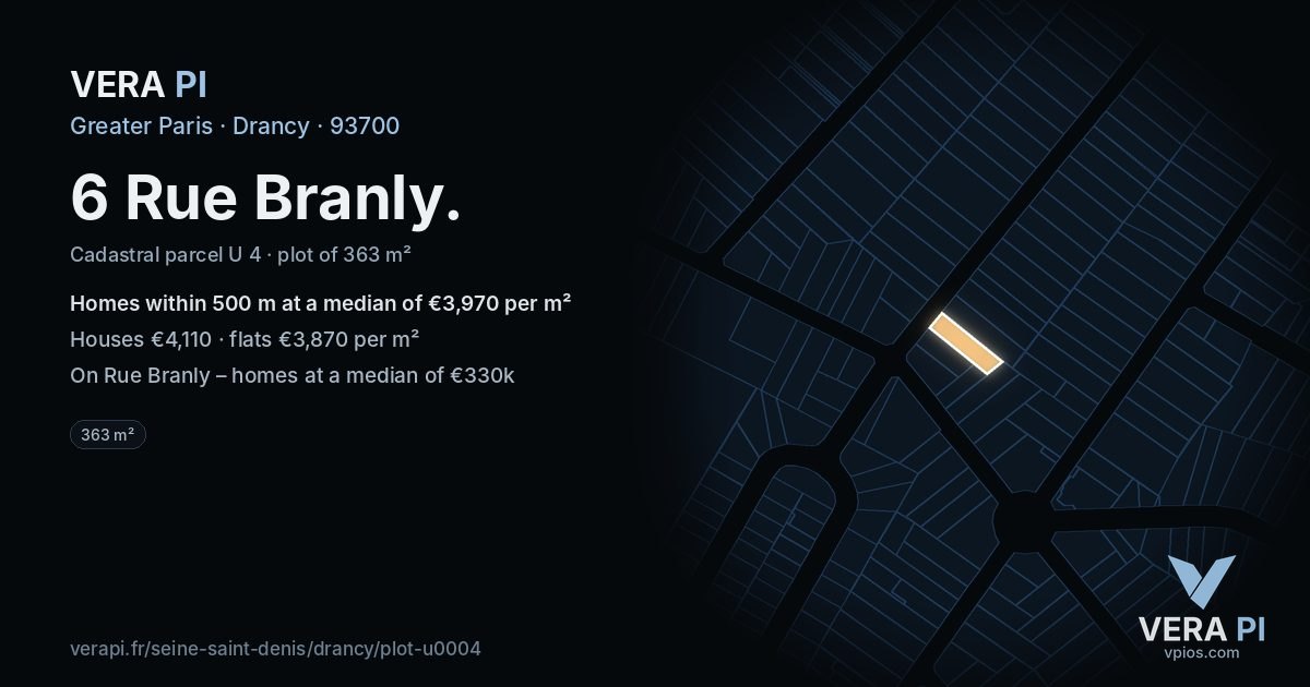 6 Rue Branly, Drancy at night – the plot lit, the parcels around coloured by the prices near them