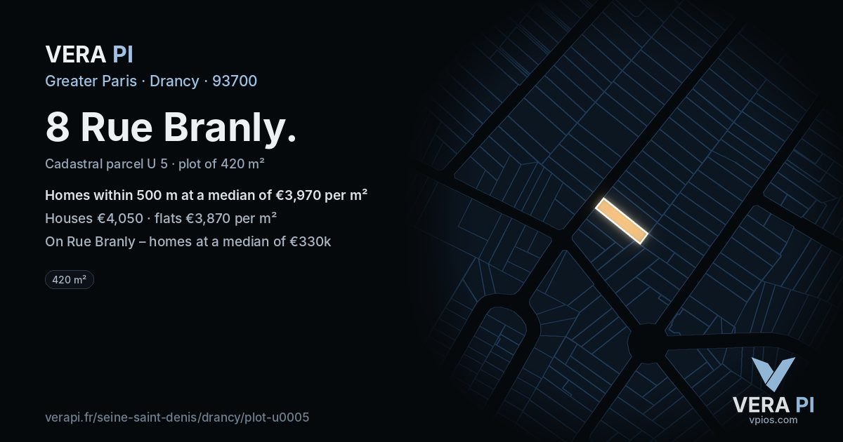 8 Rue Branly, Drancy at night – the plot lit, the parcels around coloured by the prices near them
