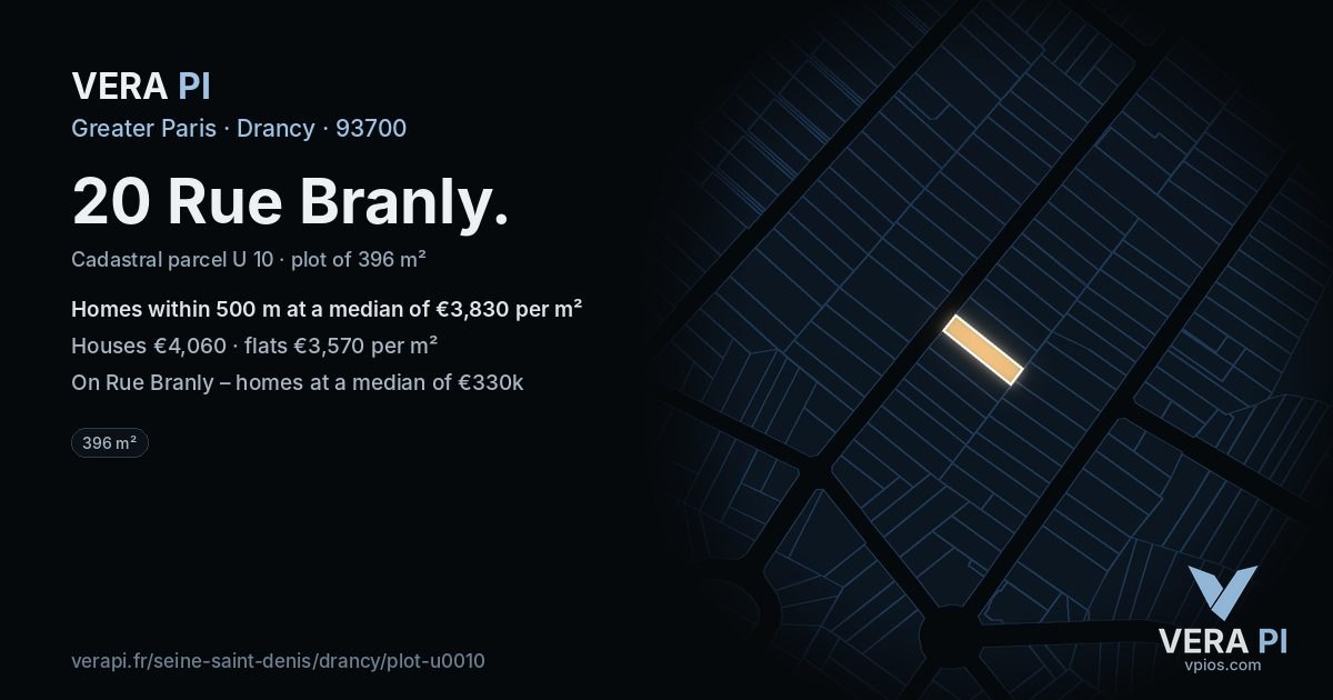20 Rue Branly, Drancy at night – the plot lit, the parcels around coloured by the prices near them