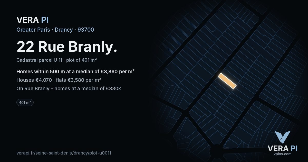 22 Rue Branly, Drancy at night – the plot lit, the parcels around coloured by the prices near them