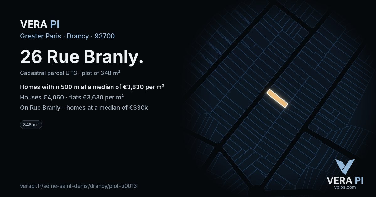 26 Rue Branly, Drancy at night – the plot lit, the parcels around coloured by the prices near them
