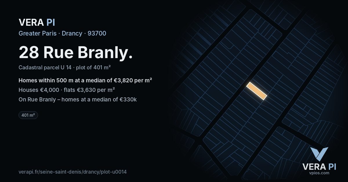 28 Rue Branly, Drancy at night – the plot lit, the parcels around coloured by the prices near them