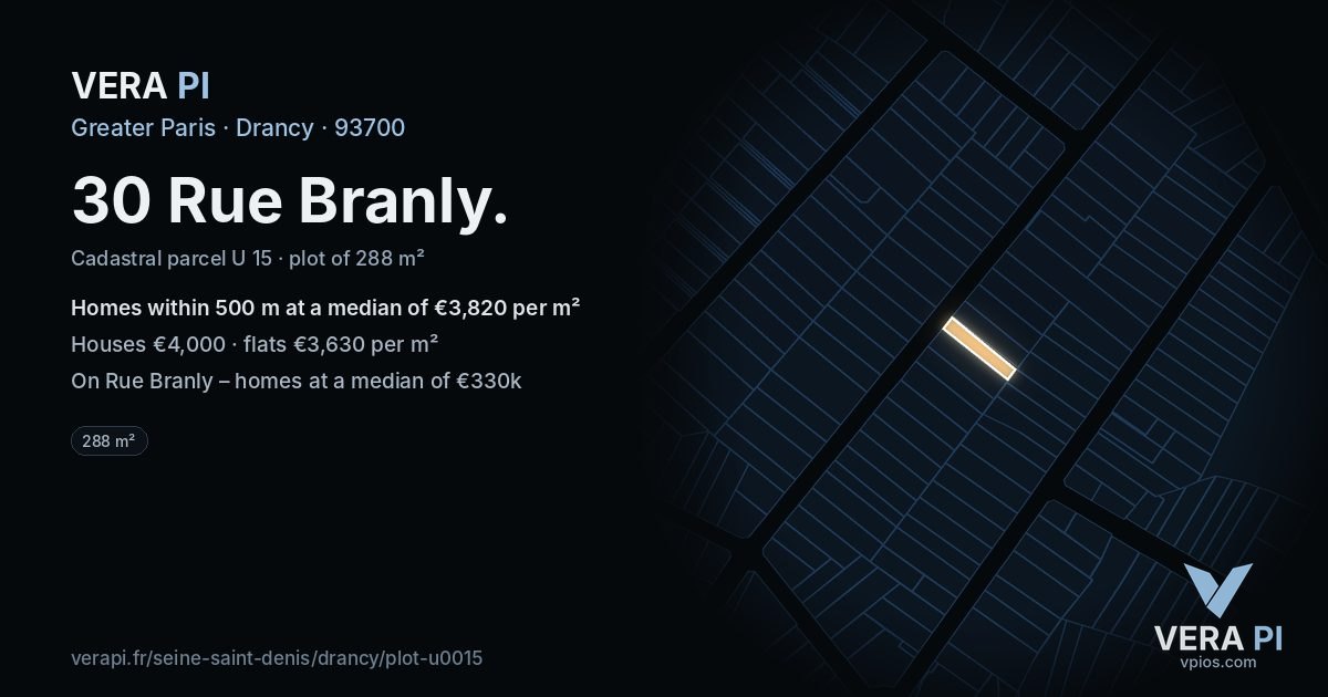 30 Rue Branly, Drancy at night – the plot lit, the parcels around coloured by the prices near them