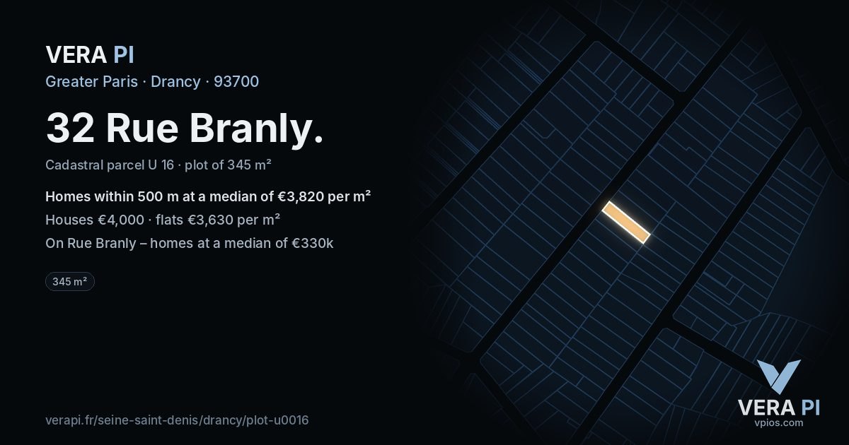 32 Rue Branly, Drancy at night – the plot lit, the parcels around coloured by the prices near them