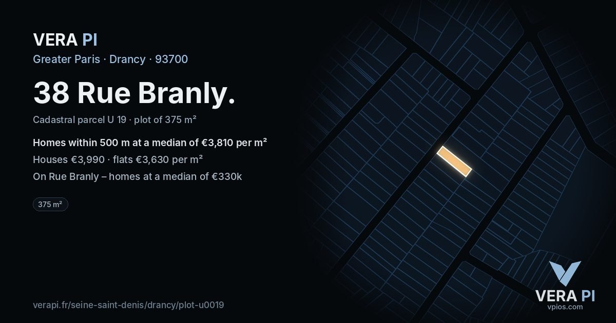 38 Rue Branly, Drancy at night – the plot lit, the parcels around coloured by the prices near them