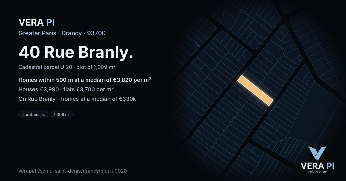 40 Rue Branly, Drancy at night – the plot lit, the parcels around coloured by the prices near them