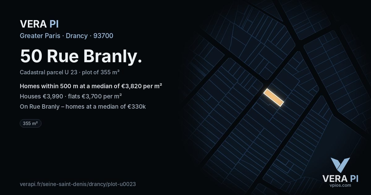 50 Rue Branly, Drancy at night – the plot lit, the parcels around coloured by the prices near them