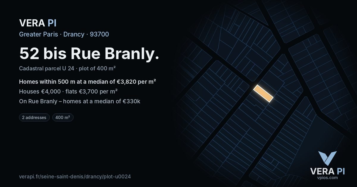 52 bis Rue Branly, Drancy at night – the plot lit, the parcels around coloured by the prices near them