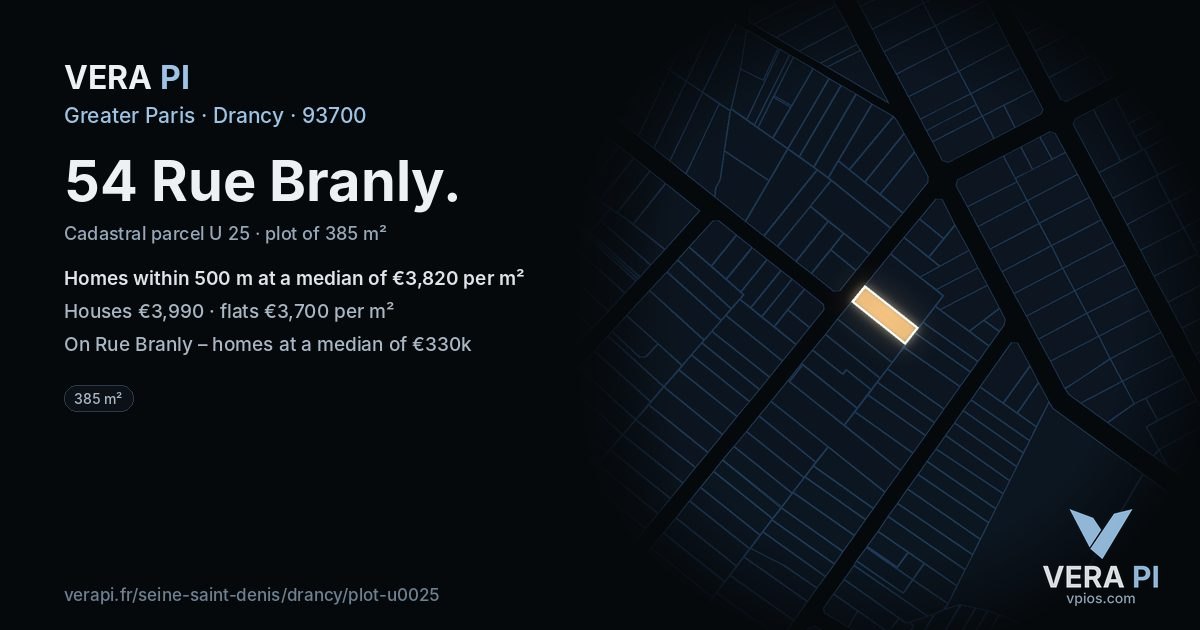 54 Rue Branly, Drancy at night – the plot lit, the parcels around coloured by the prices near them