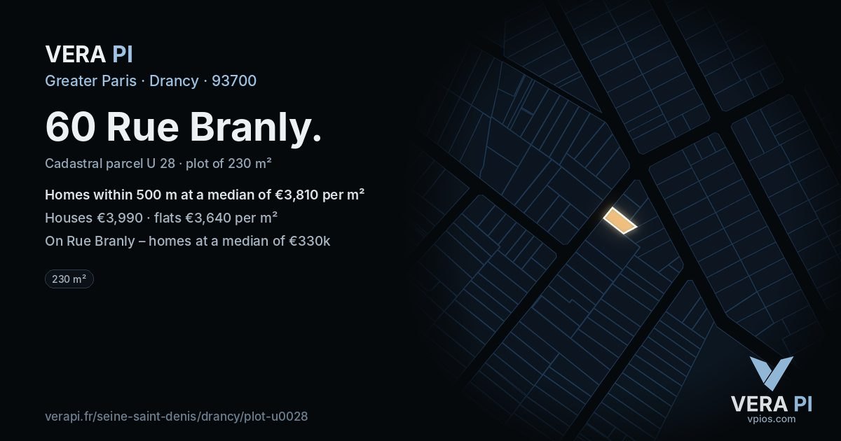 60 Rue Branly, Drancy at night – the plot lit, the parcels around coloured by the prices near them