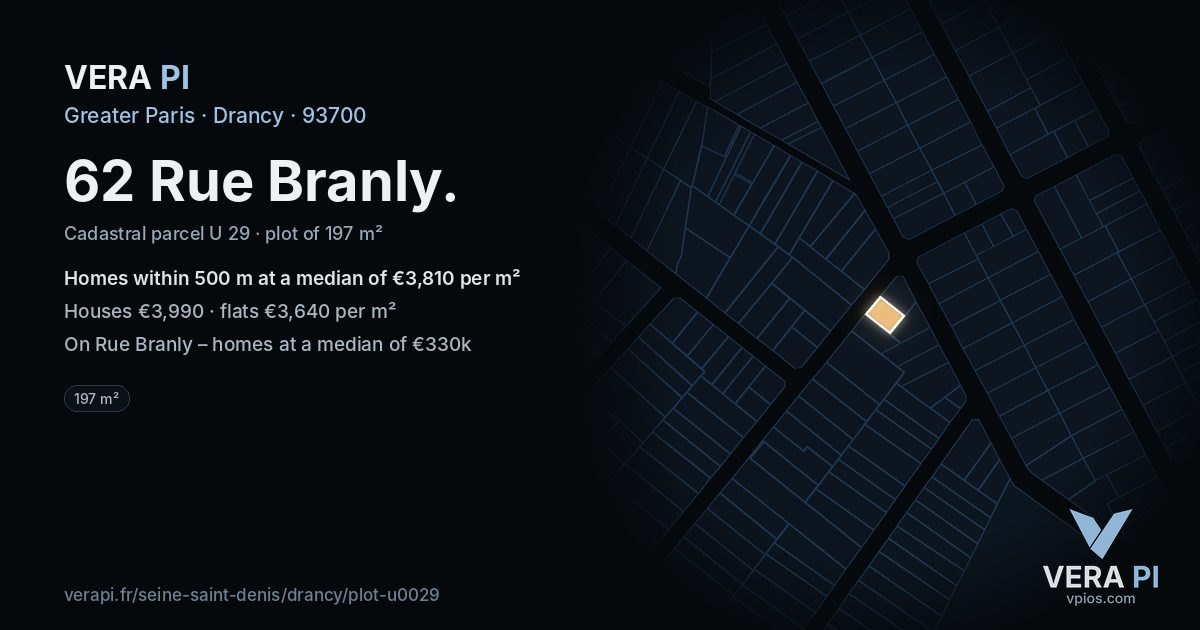 62 Rue Branly, Drancy at night – the plot lit, the parcels around coloured by the prices near them