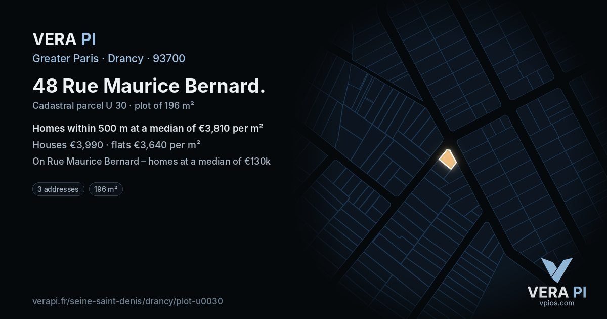 48 Rue Maurice Bernard, Drancy at night – the plot lit, the parcels around coloured by the prices near them