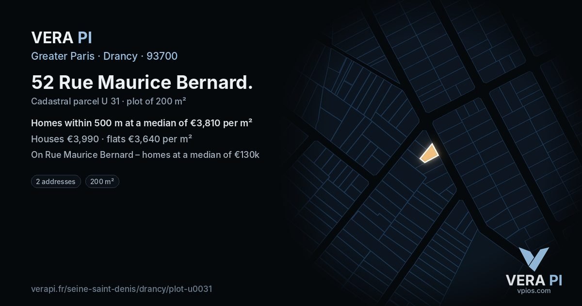 52 Rue Maurice Bernard, Drancy at night – the plot lit, the parcels around coloured by the prices near them