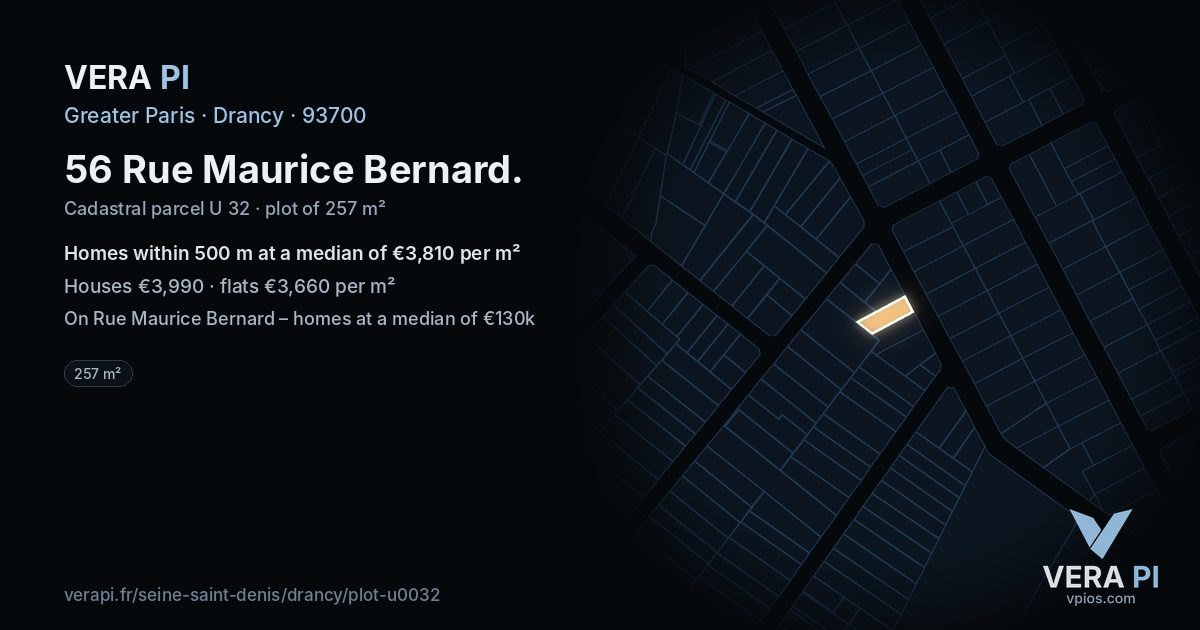 56 Rue Maurice Bernard, Drancy at night – the plot lit, the parcels around coloured by the prices near them