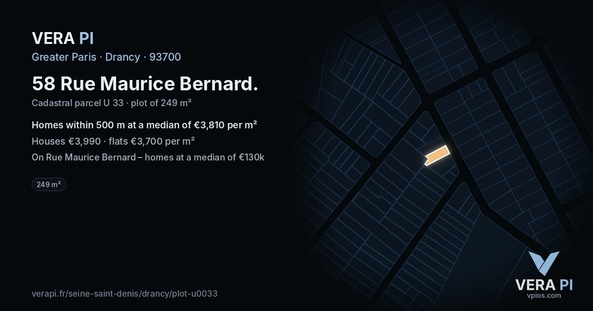 58 Rue Maurice Bernard, Drancy at night – the plot lit, the parcels around coloured by the prices near them