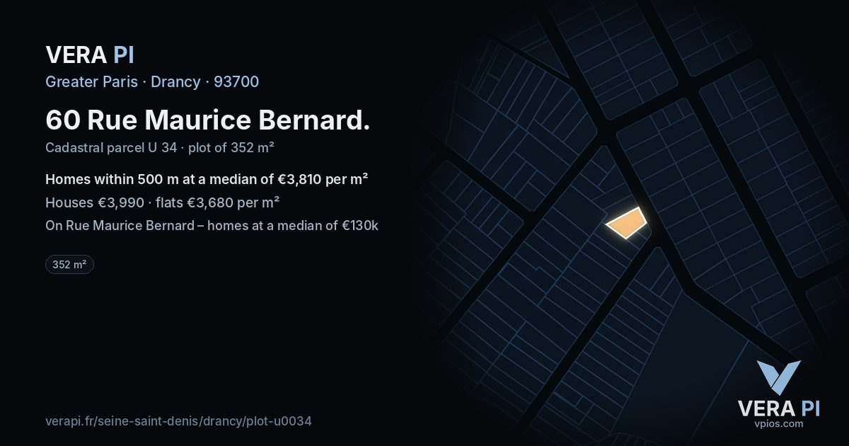 60 Rue Maurice Bernard, Drancy at night – the plot lit, the parcels around coloured by the prices near them